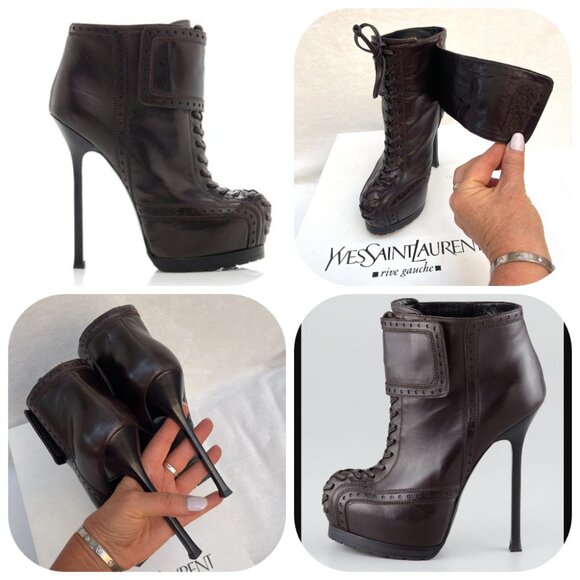 Auc YSL Tribtoo Brown Leather Platform Ankle Booties Boot 7,5 - Picture 10 of 14